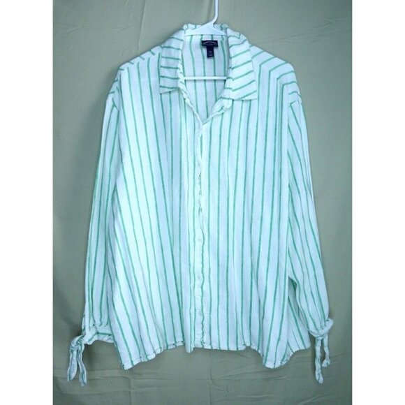 Scoop Linen Blend Shirt Women's Size XXL (20) Dress Tie Sleeve Cuffs Striped EUC - Picture 1 of 9
